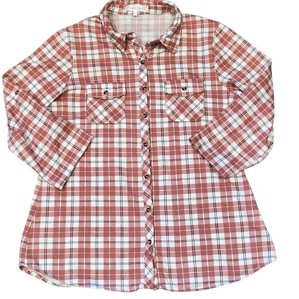 Eden & Olivia Plaid Top Womens Large Dusty Rose Excellent 3/4 Sleeve Button Down